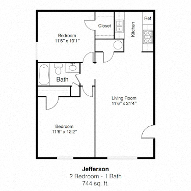 Floor plan for 2 beds, 1 bath, 744 sqft